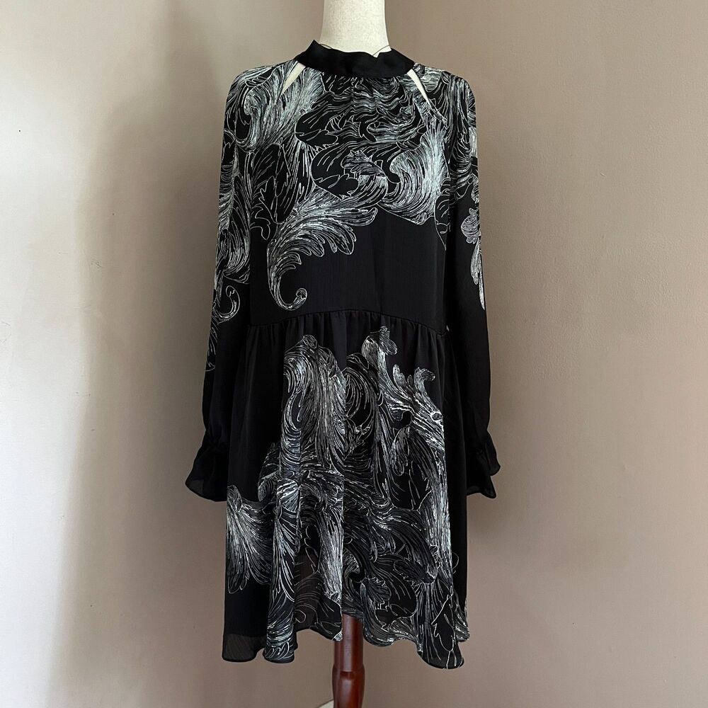 Ted Baker London Jazmyna Black White Chiffon Tie Neck Mini Dress Whimsical‎ Sz 6